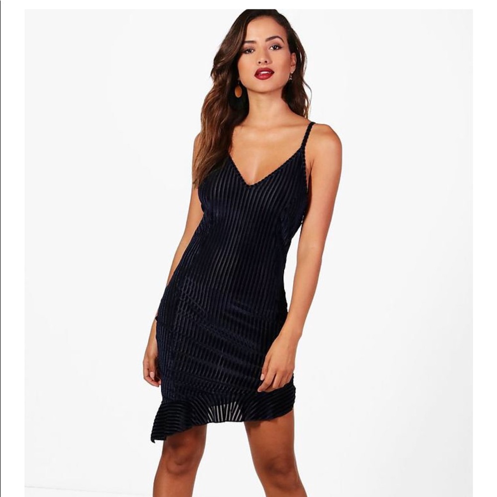 New! Anya Velvet Rib Frill Hem Bodycon Dress